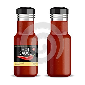 Hot chilli sauce vector isolated realistic. Product placement mock up bottle. Label design advertise 3d illustrations