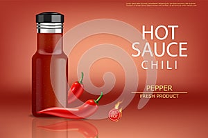 Hot chilli sauce vector realistic. Product placement mock up bottle. Label design advertise 3d illustrations