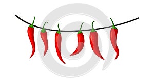 Hot chilly pepper hanging on rope isolated on white