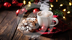 Hot Chocolate beverage with cookies and christmas decor on wood table