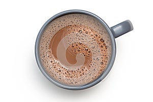 Hot chocolate in a blue-grey ceramic mug isolated on white from above