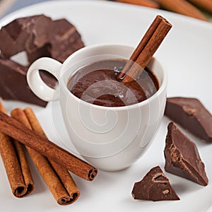Hot chocolate, chocolate chips, cinnamon and star anise