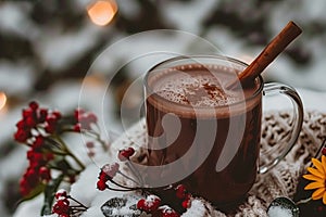 Hot chocolate with cinnamon in a glass cup on a Christmas background