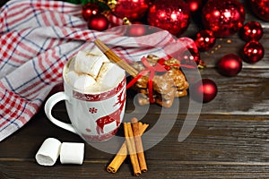 Hot chocolate or cocoa beverage with cinnamon and gingerbread cookies in snow vintage wooden table background.