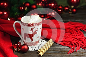 Hot chocolate or cocoa beverage with cinnamon and gingerbread cookies in snow vintage wooden table background.