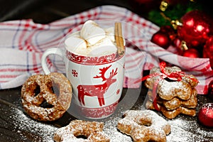 Hot chocolate or cocoa beverage with cinnamon and gingerbread cookies in snowon vintage wooden table background.