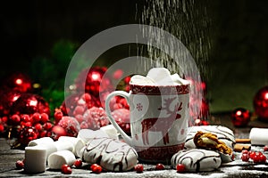 Hot chocolate or cocoa beverage with cinnamon and gingerbread cookies in snowon vintage wooden table background.