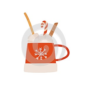 Hot chocolate or cocoa cup with candy cane, cinnamon stick, marshmallow. Christmas greeting card design element. Flat cartoon