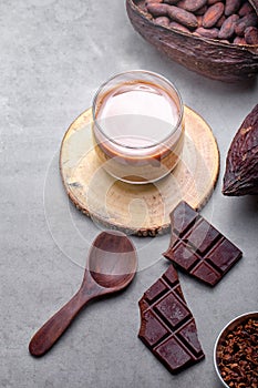 Hot chocolate cocoa drink in glass mug