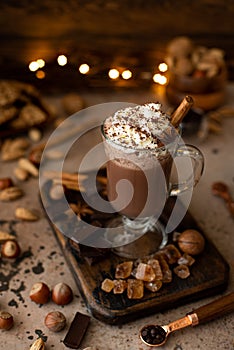 hot chocolate cocoa with whipped cream and grated chocolate