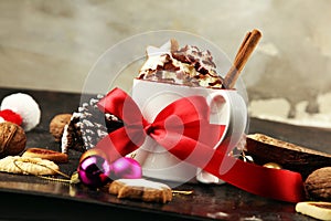 Hot chocolate cocoa with whipped cream for xmas on table and decoration