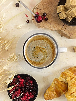 Hot chocolate coffee in a cup on a beige background