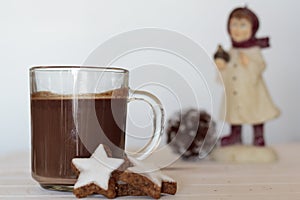 Hot chocolate and cookies with pine cone and winter doll on the background