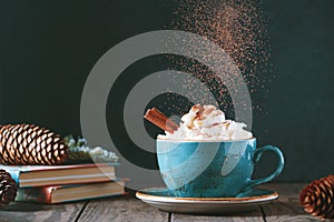 Hot chocolate with cream and cinnamon stick