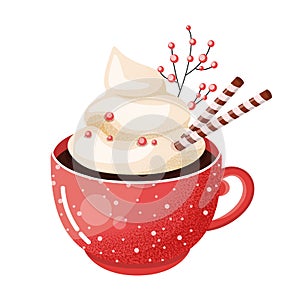Hot chocolate cup. Christmas drink on winter background. Red mug of cacao to go. Seasonal banner.