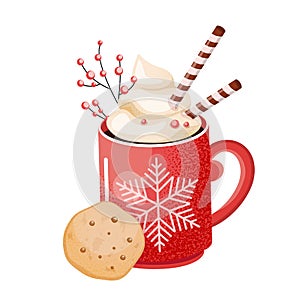 Hot chocolate cup. Christmas drink on winter background. Red mug of cacao to go. Seasonal banner.