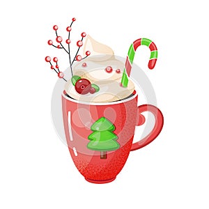 Hot chocolate cup. Christmas drink on winter background. Red mug of cacao to go. Seasonal banner.