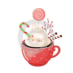 Hot chocolate cup. Christmas drink on winter background. Red mug of cacao to go. Seasonal banner.