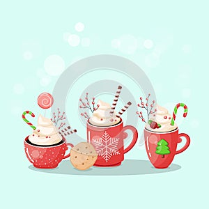 Hot chocolate cup. Christmas drink on winter background. Red mug of cacao to go. Seasonal banner.