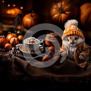 Hot chocolate with decoration on a cozy blur halloween background