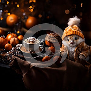 Hot chocolate with decoration on a cozy blur halloween background