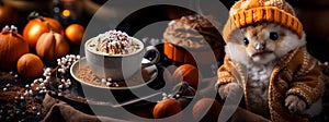 Hot chocolate with decoration on a cozy blur halloween background