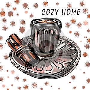 Hot chocolate. Decorative illustration glass matte cup with cocoa, cinnamon and marshmallows. Christmas greeting card