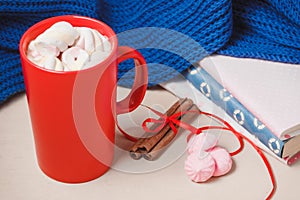 Hot chocolate drink with marshmallow, beze, cinamon