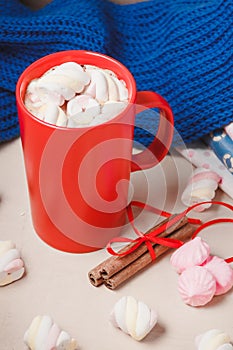 Hot chocolate drink with marshmallow, beze, cinamon