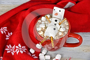 Hot chocolate drink with marshmallow snowman