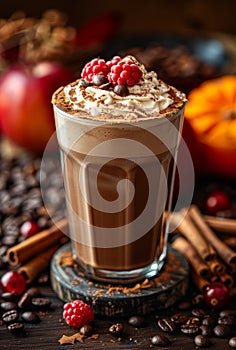 Hot chocolate drink with whipped cream cinnamon and fresh raspberries in glass