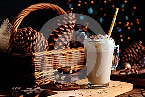 Hot chocolate drink with whipped cream. Cozy Christmas composition on a dark wooden background. Sweet treats for cold winter days.