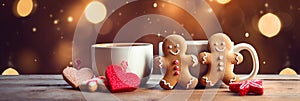 Hot chocolate with gingerbread men decoration on a cozy blur christmas lights background, copy space