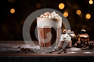 Hot chocolate in a glass cup topped with whipped cream over bokeh background, copy space. Cozy hot drink consisting of grated or
