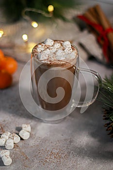 hot chocolate in a glass mug with mini marshmallows on grey table, blurred xmas background