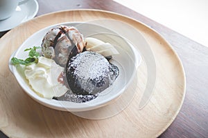 Hot chocolate lava cake with vanilla ice cream ball