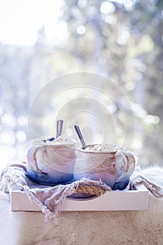 Hot chocolate with marhmellows outdoors