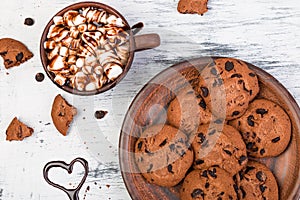 Hot chocolate with marshmallow and chocolate cookies. Love. Heart. Valentine Day.