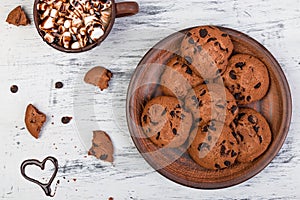 Hot chocolate with marshmallow and chocolate cookies. Love. Heart. Valentine Day.