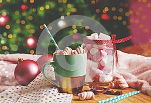 Hot chocolate and marshmallow. Holiday feeling. Christmas eve.