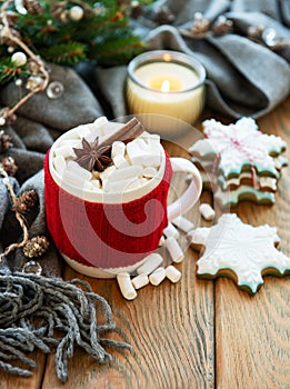 Hot chocolate with marshmallows and gingerbread cookie