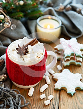 Hot chocolate with marshmallows and gingerbread cookie