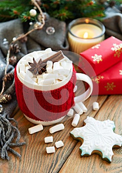 Hot chocolate with marshmallows and gingerbread cookie