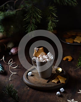 Hot chocolate with marshmallows in a mug on the table, a bouquet of fir branches, cookies, Christmas tree decorations