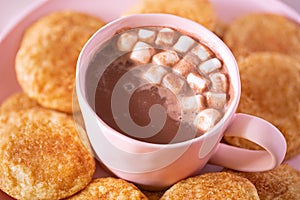 Hot chocolate with marshmallows in a plate of snickerdoodle cookies