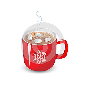 Hot chocolate with marshmallows in red cup isolated on a white background