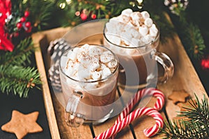 Hot chocolate with marshmallows, warm cozy Christmas drink