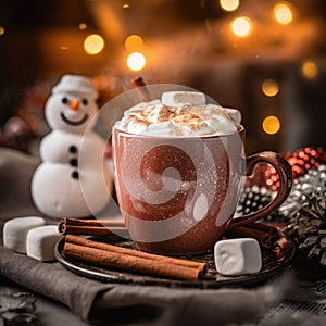 Hot chocolate with marshmallows, warm cozy Christmas drink. Background