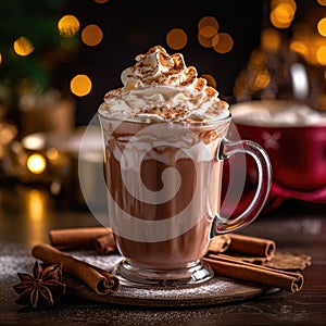 Hot chocolate with marshmallows, warm cozy Christmas drink. Background
