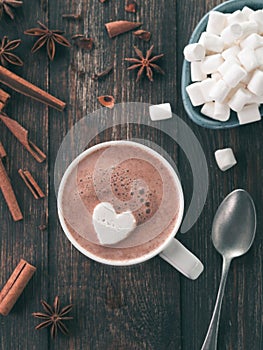 Hot chocolate with marsmallow in heart shape